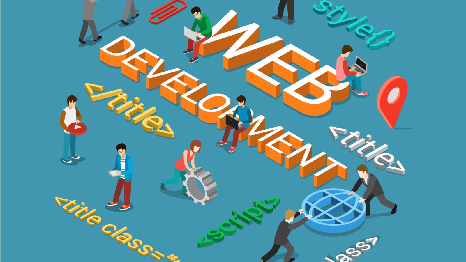 Flat 3d isometric web development infographics concept. Html coding script tag. Creative people collection.