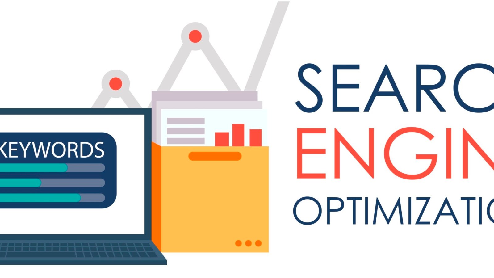 Search Engine Optimization. Laptop with a folder of documents and graphs and key. flat illustration