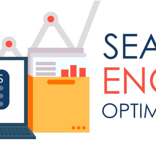 Search Engine Optimization. Laptop with a folder of documents and graphs and key. flat illustration