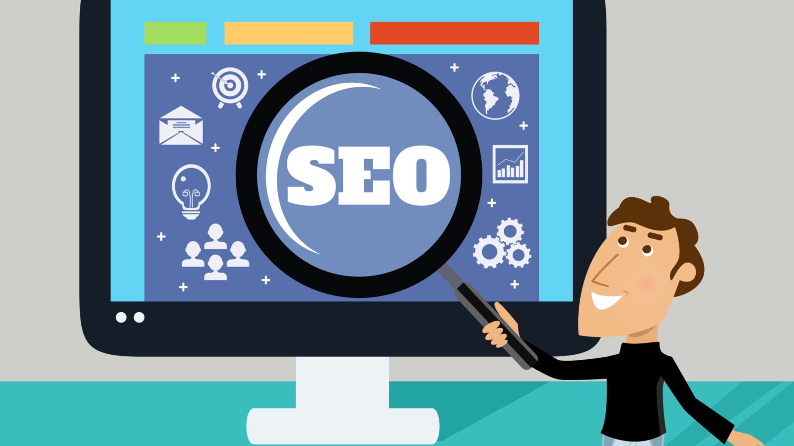 Business life employee with magnifier and big monitor SEO concept vector illustration