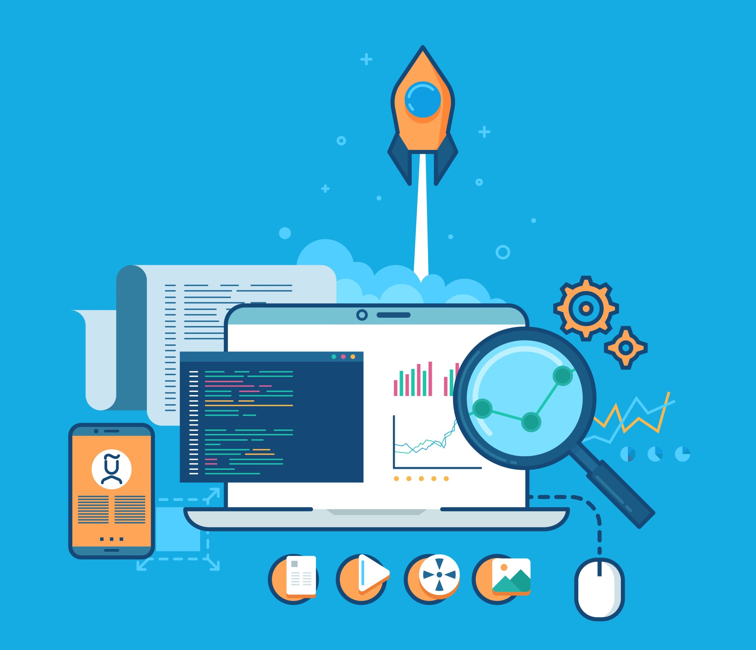 Web analytics information and website development flat concept background.  Analytics internet technology, development optimization, information analytics data, seo analytics. Vector illustration