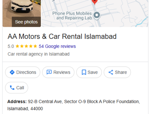 AA Motors & Car Rental Islamabad (GBP Local SEO)