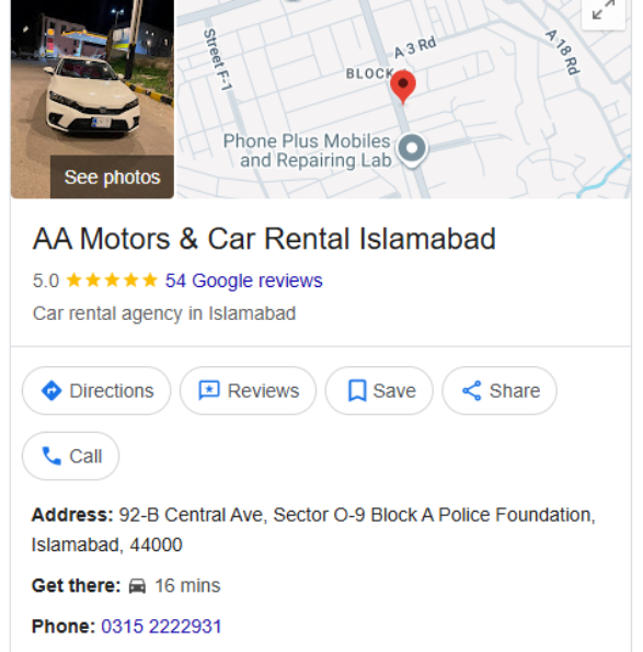 AA Motors & Car Rental Islamabad (GBP Local SEO)