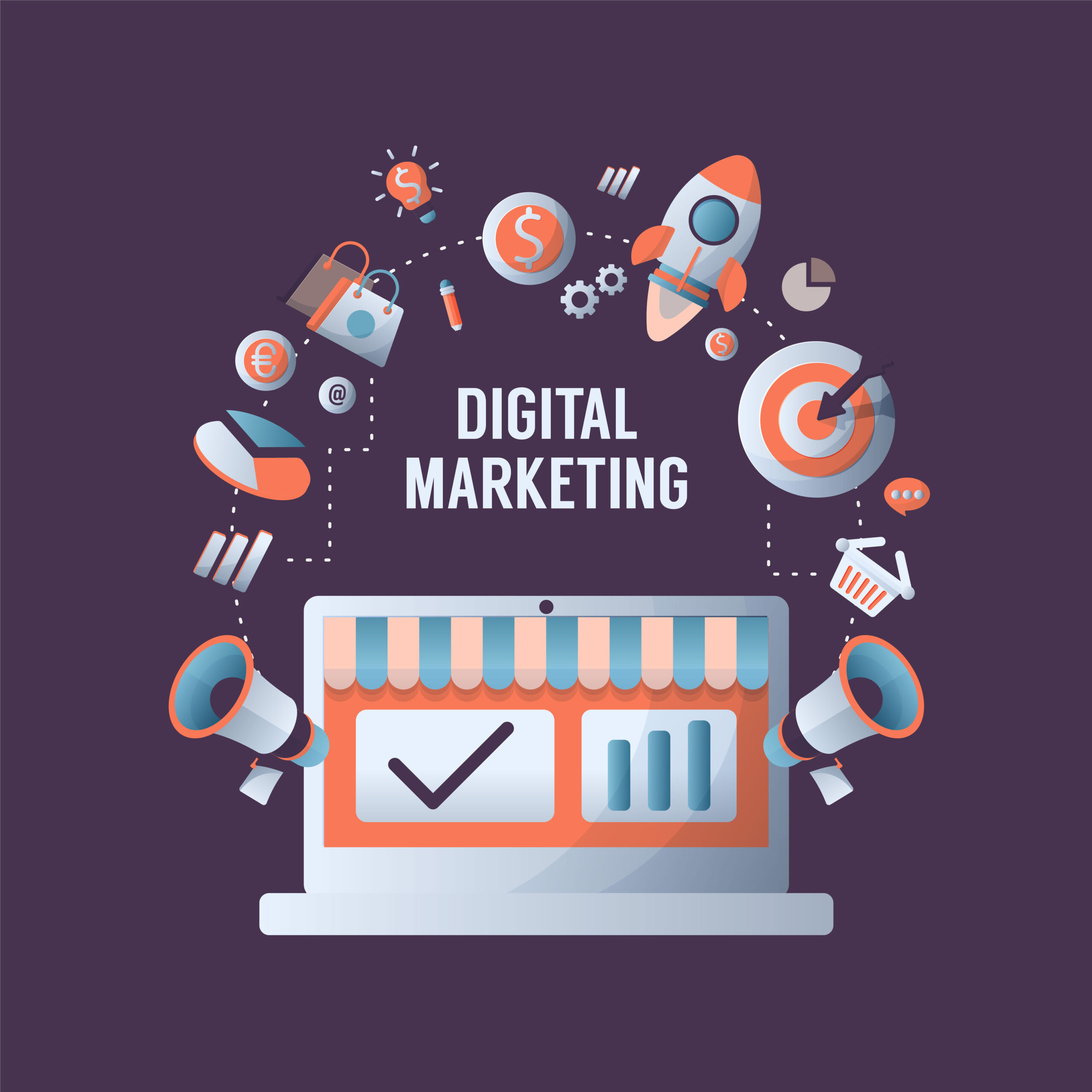 Digital marketing concept with online advertising and media symbols flat