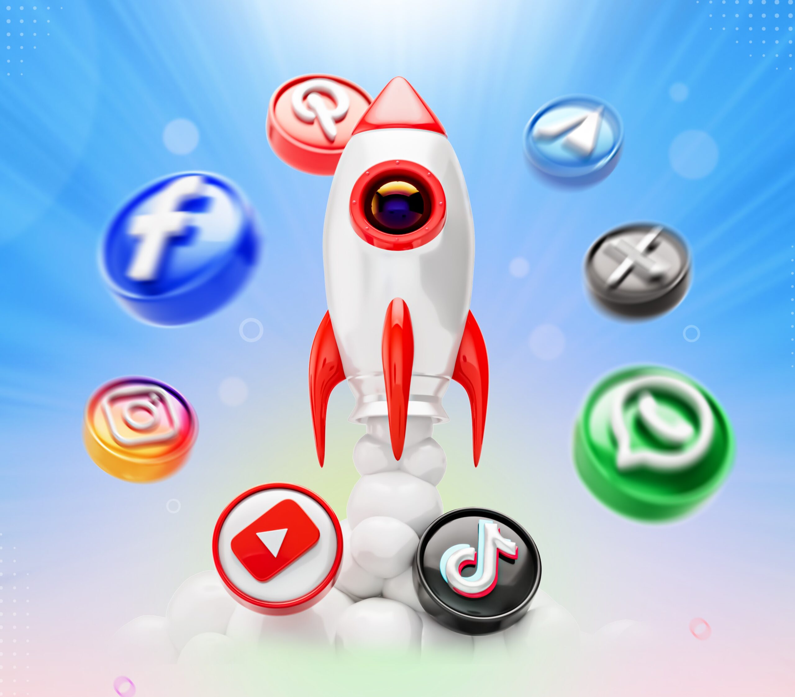 Social Media Marketing Post Template with Social Networking Logos and Icon Around 3d Rocket