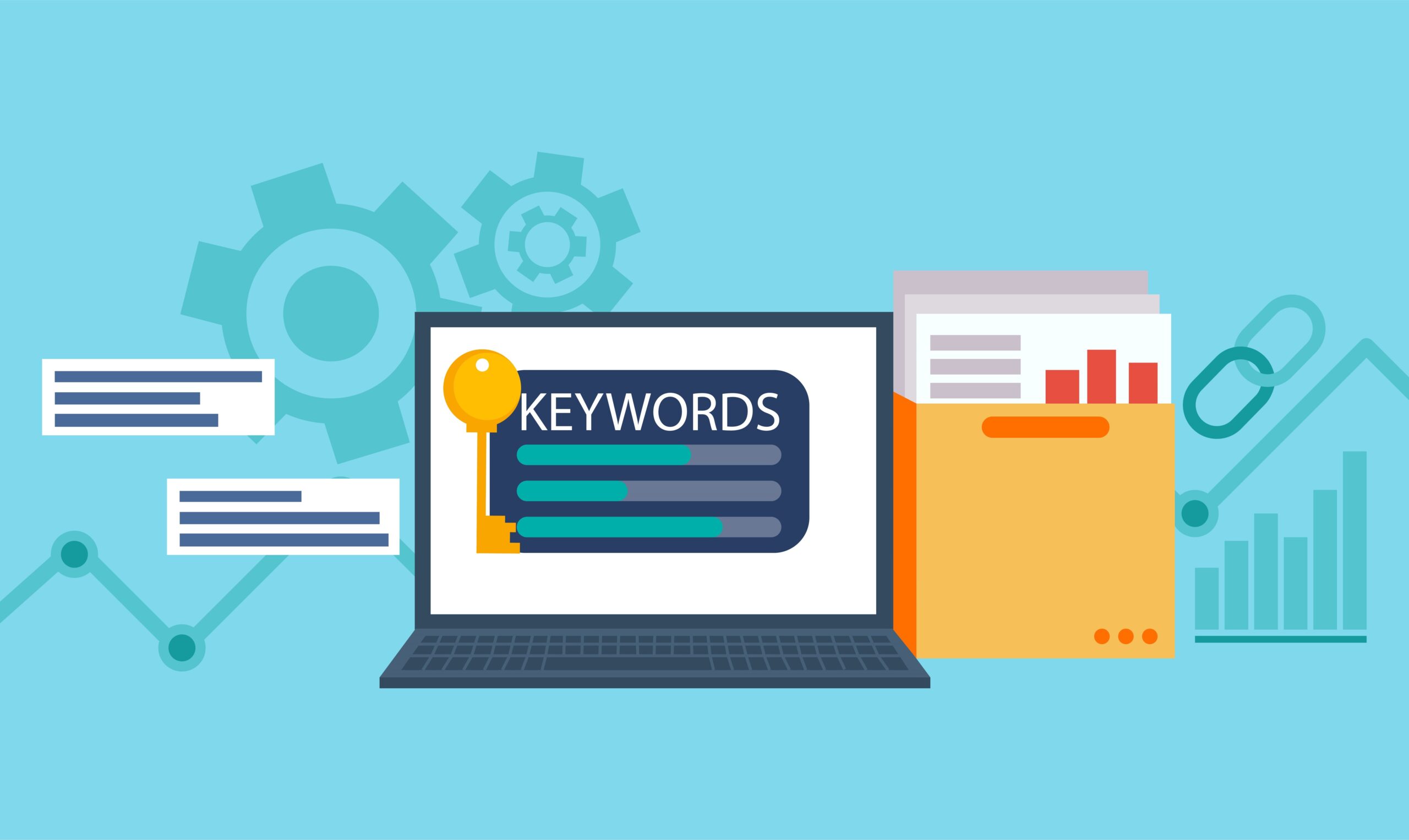 Keywords Research banner. Laptop with a folder of documents and graphs and key. Vector flat illustration